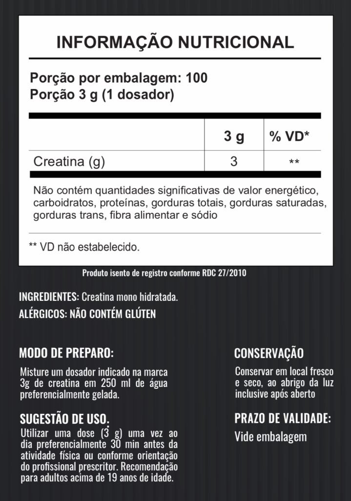 Tabela Nutricional da Creatina Monohidratada 100% Pura